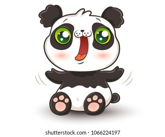 Vector illustration of a cute panda in kawaii style. Cute vector panda with green eyes.