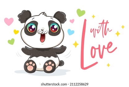 Vector illustration of a cute panda in kawaii style. Cute panda with hearts for Valentine's day in chibi style.