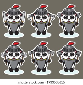 Vector illustration of cute Panda Knight cartoon with dual weapon. Cute Panda expression character design bundle. Good for icon, logo, label, sticker, clipart.