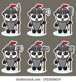 Ilustración vectorial de la tierna caricatura de Panda Knight con un arma grande. Conjunto de diseño de caracteres de expresión de panel personalizado. Es bueno para el icono, logotipo, etiqueta, pegatina, clipart.