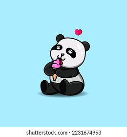 Vector illustration of cute panda licking ice cream.