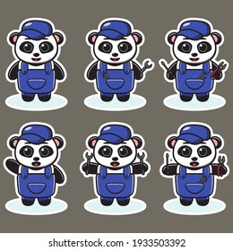 Vector illustration of cute Panda Mechanic cartoon. Cute Panda expression character design bundle. Good for icon, logo, label, sticker, clipart.