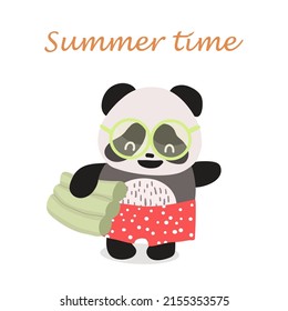 Vector illustration of a cute panda on vacation, with an inflatable mattress, in glasses, in shorts, with the inscription summer time.
