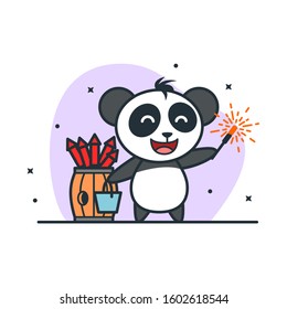 Vector Illustration Cute panda are playing fireworks to celebrating new year flat cartoon style