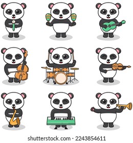 Vector Illustration of Cute Panda playing music instruments. Set of cute Panda characters. Cartoon animal play music. Animals musicians.