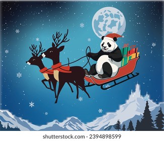 A vector illustration of a cute panda santa claus wearing a red hat riding a flying reindeer on the sky with a beautiful night scene of the moon and the stars. This clipart is cards, posters, flyers.