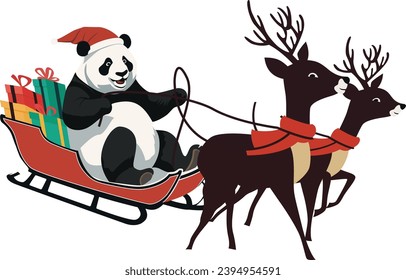 A vector illustration of a cute panda santa claus wearing a red hat riding a flying reindeer. This clipart is ideal for winter and christmas themed projects, such as cards, posters, flyers, and more.