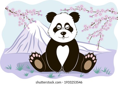 Vector illustration. A cute panda sits on the background of a mountain and blooming sakura.