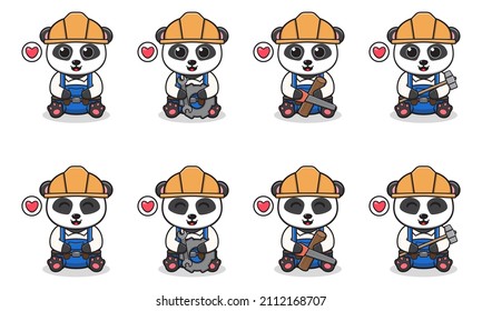 Vector Illustration of Cute Panda sitting with Handyman costume. Set of cute smile Panda characters. Flat icons in cartoon style.
