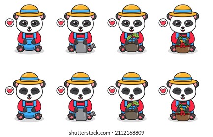 Vector Illustration of Cute Panda sitting with Farmer costume. Set of cute smile Panda characters. Flat icons in cartoon style.