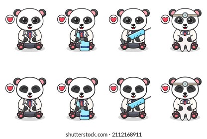 Ilustración vectorial de Cute Panda sentado con traje de doctor. Juego de sonrisas lindas de los personajes de Panda. Iconos planos con estilo de dibujos animados.