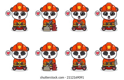 Vector Illustration of Cute Panda sitting with Firefighter costume. Set of cute smile Panda characters. Flat icons in cartoon style.