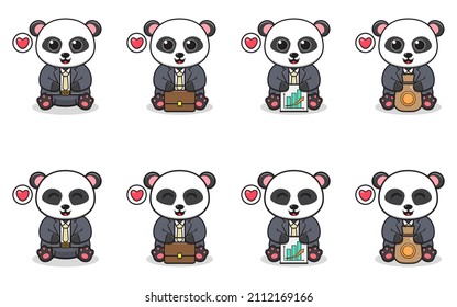 Ilustración vectorial de Cute Panda sentado con traje de hombre de negocios. Juego de sonrisas lindas de los personajes de Panda. Iconos planos con estilo de dibujos animados.