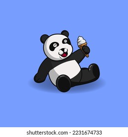 Vector illustration of cute Panda sitting relaxed with ice cream.