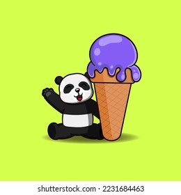 Vector illustration of cute panda sitting with giant ice cream.