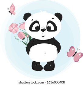 Vector illustration of a cute panda, smiling panda with flowers and butterfly, kid's pattern element
