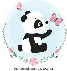 Vector illustration of a cute panda, smiling panda with flowers and butterfly, kid's pattern element