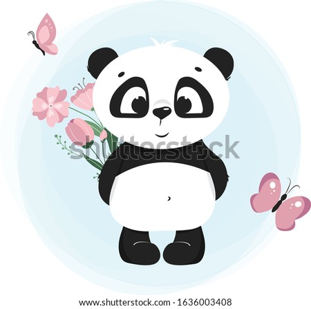 Vector illustration of a cute panda, smiling panda with flowers and butterfly, kid's pattern element