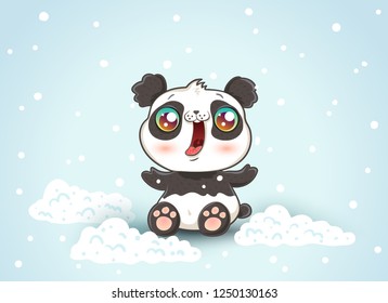 Vector illustration of a cute panda and snow in kawaii style. Cute panda on snow.