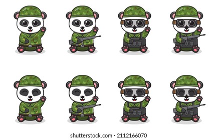 Ilustración vectorial del Panda Cute con el traje de soldado sentado y pose a mano. Juego de sonrisas lindas de los personajes de Panda. Iconos planos con estilo de dibujos animados.
