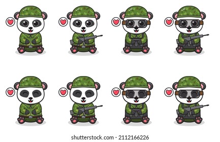 Vector Illustration of Cute Panda with Soldier costume sitting. Set of cute smile Panda characters. Flat icons in cartoon style.