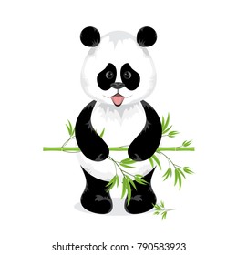 Vector illustration. Cute Panda standing and holding in the paws a branch of bamboo.Chubby baby bear.Drawn cartoon character. Design element for greeting card, baby shower. Isolated, white background