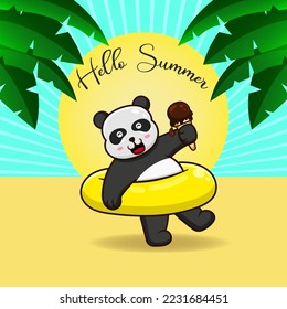 Vector illustration of cute panda with swim ring on summer vacation.