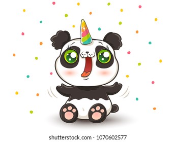 Vector illustration of a cute panda with unicorn horn in kawaii style. Cute vector panda like unicorn with confetti.