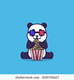 Vector illustration of cute panda watching cinema eating pop corn. flat design illustration