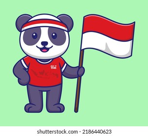 Vector Illustration of Cute Panda Wearing Red T-Shirt and Holding the Indonesian Flags in Cartoon Flat Style