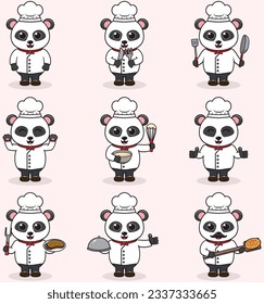 Vector Illustration of Cute Panda wearing chef uniform. Flat Cartoon Style. Set of Cute Animal Characters in Chef Uniform. Vector illustration in isolated background