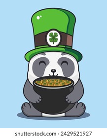 Vector illustration of cute panda wearing st patricks hat and carrying money jug, isolated concept, flat cartoon style, perfect for, icon, mascot, sticker, etc