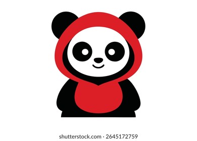 A vector illustration of a cute panda wearing a red hoodie The style is simple with bold black and red shapes against a white background The panda has a happy expression