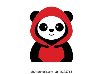 A vector illustration of a cute panda wearing a red hoodie The image uses black white and red colors in a simple silhouette style