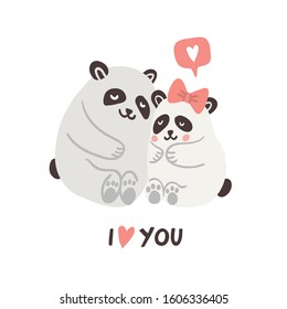 Vector illustration of cute pandas hugging each other with speech bubble with heart symbol and lettering. Valentines day animals illustration. Cute pandas in love