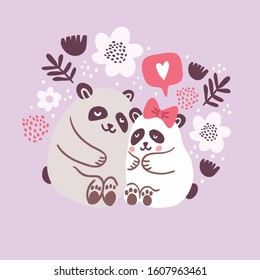 Vector illustration of cute pandas hugging each other with speech bubble with heart symbol and flowers on pink background. Valentines day animals illustration. Cute pandas in love