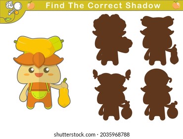 vector illustration of a cute papaya mascot. Find the correct shadow, educational game for kids. set of cute fruit mascot. chibi cartoon. games suitable for kindergarten children, preschool, etc.
