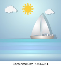 Vector illustration of cute paper boat, ocean, Sun, clouds and blue sky