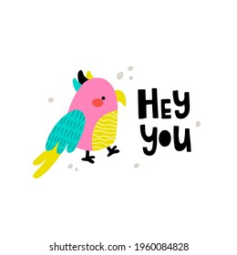 vector illustration of cute parrot and hand lettering text, funny design for kids