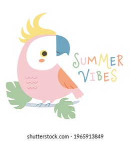 Vector illustration of cute parrot. Hand drawn cartoon tropical bird. Isolated on white background.