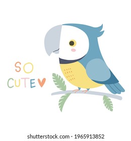 Vector illustration of cute parrot. Hand drawn cartoon tropical bird. Isolated on white background.
