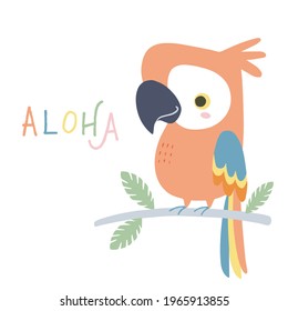 Vector illustration of cute parrot on branch. Hand drawn childish illustration of macaw character. Isolated on white background.