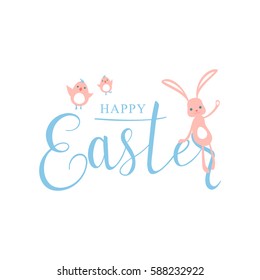 Vector illustration of cute pastel color happy easter greeting template with lettering type text sign, funny bunny with cool ears, nice emoji face, waving hand and little birds isolated on white