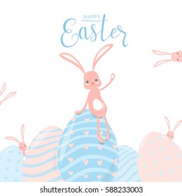 Vector illustration of cute pastel color happy easter greeting card with striped heart dot eggs, lettering type text sign, funny bunny with cool ears, nice emoji face isolated on white background