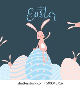 Vector illustration of cute pastel color happy easter greeting card with striped heart dot eggs, lettering type text sign, funny bunny with cool ears, nice emoji face isolated on dark background