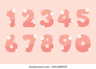 Vector illustration of cute pastel pink numbers with white flower decorations for kids, from zero to nine.