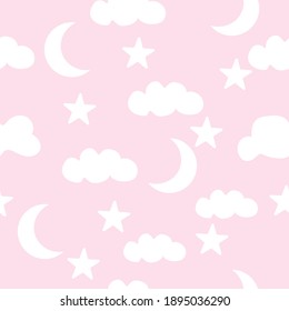 vector illustration of cute pattern. clouds with the moon and white stars on a pink background.