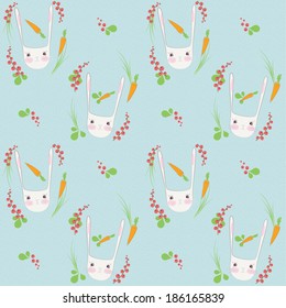 vector illustration of cute pattern, with white rabbits and vegetables that they eat, on light blue background