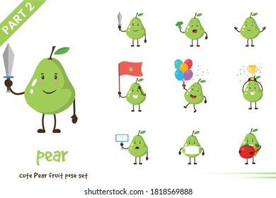 Vector illustration of cute pear fruit poses set. Isolated on white background.