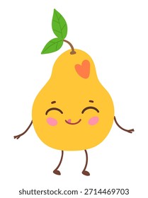 Ilustración vectorial de una linda pera con cara sonriente y hojas verdes. Objeto de fruta aislado plano.